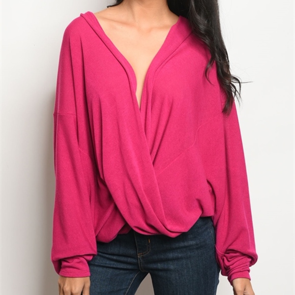 Long sleeve V plunge drape front sweater top. - Picture 2 of 4